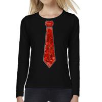 Verkleed shirt voor dames - stropdas pailletten rood - zwart - carnaval - foute party - longsleeve - thumbnail