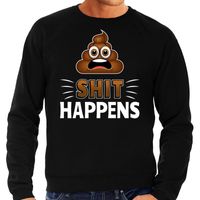 Funny emoticon sweater Shit happens zwart heren - thumbnail