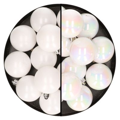 24x stuks kunststof kerstballen mix van wit en parelmoer wit 6 cm