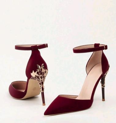 Bon&Bon Burgundy Metal Flower Stiletto High Heel Ankle Strap Pumps 36