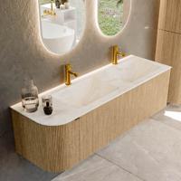 Badmeubel Mondiaz Kurve-Dlux | 145 cm | Meubelkleur Oak | Wastafelkleur Ostra | Solid surface | Dubbele spoelbak | 2 kraangaten