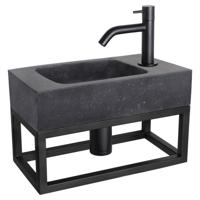 Differnz fonteinset bombai black - natuursteen - kraan gebogen - met handdoekrek - 40 x 22 x 9 cm - mat zwart