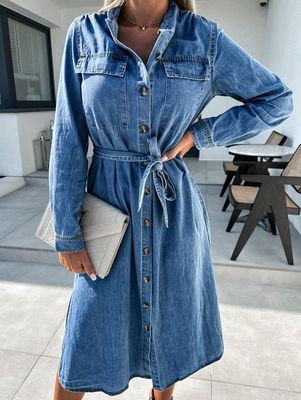 Loose Elegant Plain Shirt Collar Denim Dress With Belt Loose Elegant Plain Shirt Collar Denim Dress With Belt