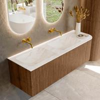 Mondiaz KURVE-DLUX 145 cm Onderkast Greeploos 1 Lade Met Deuren Walnut, Wastafel Solid Surface Links Ostra 0 Kraangaten Zonder Spiegel (KRVLEA145R1L1D0KD-Wal/Ost)