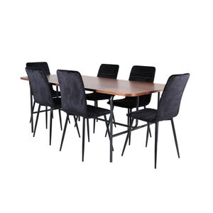 UnoWA eethoek eetkamertafel Okkernoot decor en 6 Windu Lyx eetkamerstal velours zwart.