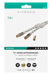 Vivanco Antenne Aansluitkabel [1x Antennestekker 75 Ω - 1x Antennebus 75 Ω] 7.50 m Vergulde steekcontacten, Viervoudig afgeschermd, Met Ferrietkern Wit