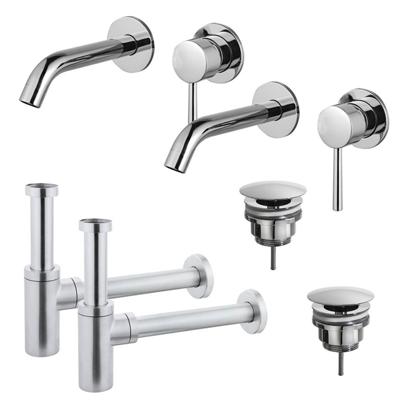 Fortifura Calvi Slim Wastafelkraanset - voor dubbele wastafel - inbouw wastafelkraan - always open plug - design sifon - Chroom 2x SW377814/2x SW696209/2x SW696214