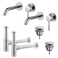 Fortifura Calvi Slim Wastafelkraanset - voor dubbele wastafel - inbouw wastafelkraan - always open plug - design sifon - Chroom 2x SW377814/2x SW696209/2x SW696214