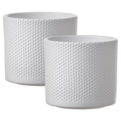 Mica Decorations Bloempot - 2x - wit - relief - keramiek - D15 x H13 cm - plantenpotten binnen