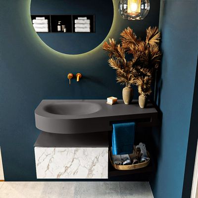 MONDIAZ RIVA 100cm badmeubel onderkast / planchet kleur carrara met 1 lade. Wastafel DULCET links 0 kraangaten kleur Dark_Grey. MONDIAZ RIVA 100cm badmeubel onderkast / planchet kleur carrara met 1 lade. Wastafel DULCET links 0 kraangaten kleur Dark_Grey.