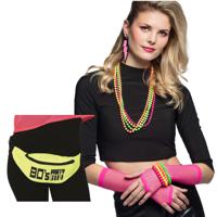 Foute 80s/90s party verkleed set compleet - dames - fluor geel - jaren 80/90 verkleed accessoires - thumbnail