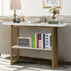 2 Niveau Marmerlook Console Tafel 120 x 29,5 x 92,5 cm Wit & Goudkleurig