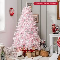 185 cm Gevlokte Kunstkerstboom Kerstboom met 808 PVC-Takken 350 LED-Verlichting en 8 Verlichtingsmodi Verlichte Vakantieboom Roze