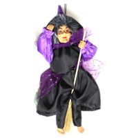 Halloween decoratie heksen pop - vliegend op bezem - 35 cm - zwart/paars