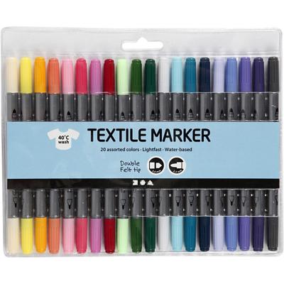 Textielstiften op waterbasis - 20x stuks - kleurenmix - voor Stof/textiel - dubbele punt