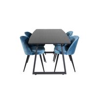 IncaBLBL eethoek eetkamertafel uitschuifbare tafel lengte cm 160 / 200 zwart en 4 Velvet eetkamerstal velours blauw, - thumbnail