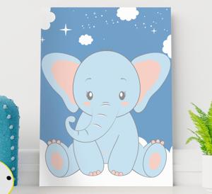 Canvas schilderij baby's Schattige baby cartoon olifant blauw