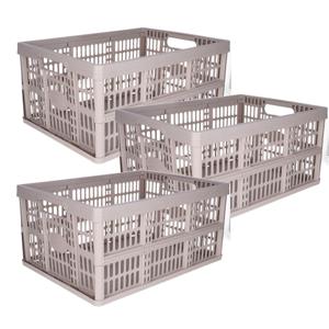 Opvouwbare krat - 3x - beige - 48 x 35 x 24 cm - boodschappen - 32 liter - kunststof
