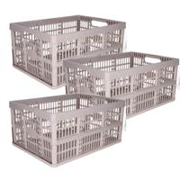 Opvouwbare krat - 3x - beige - 48 x 35 x 24 cm - boodschappen - 32 liter - kunststof