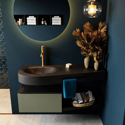 MONDIAZ RIVA 120cm badmeubel onderkast / planchet kleur Army met 1 lade. Wastafel DULCET links 1 kraangat kleur Urban. MONDIAZ RIVA 120cm badmeubel onderkast / planchet kleur Army met 1 lade. Wastafel DULCET links 1 kraangat kleur Urban.