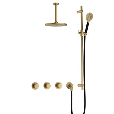 Hotbath Cobber - CB7067 - Inbouw Regendoucheset - Geborsteld Messing - 2 Stopkranen - Thermostatisch - Plafondbuis 15 cm - Hoofddouche 200 mm - Ronde Handdouche 3 Standen - Glijstang 900 mm - Waterbesparend