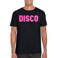 Verkleed T-shirt voor heren - disco - zwart - roze glitter - jaren 70/80 - carnaval/themafeest - thumbnail