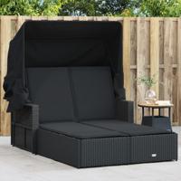 Ligbed 2-persoons met luifel en kussens poly rattan zwart