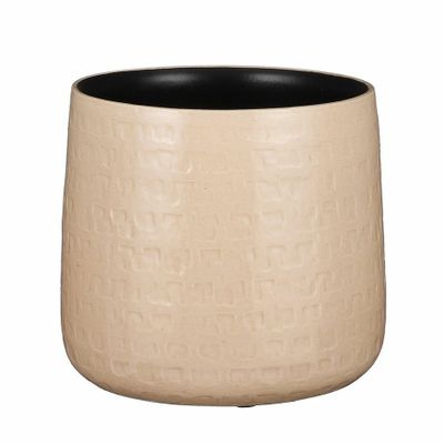 Plantenpot/bloempot keramiek beige relief patroon - D19 en H17 cm