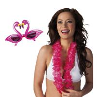 Tropische Hawaii party verkleed accessoires set - Flamingos zonnebril - bloemenkrans roze - thumbnail