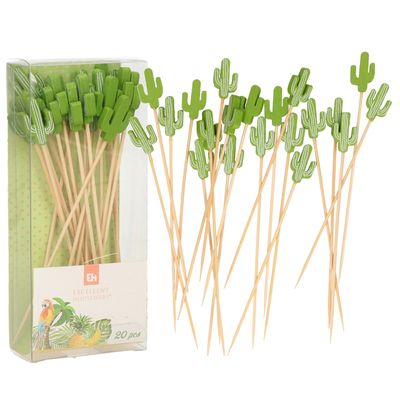Cocktail/tapas prikkers - Mexicaanse cactus - 60x stuks - bamboo - 12 cm