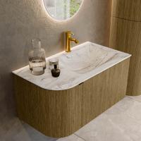Badmeubel Mondiaz Kurve-Dlux | 85 cm cm | Meubelkleur Dusk | Wastafelkleur Glace | Solid surface | Wasbak rechter zijde spoelbak | 1 kraangat