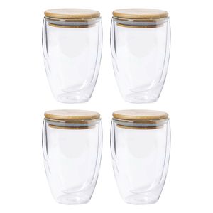 Thermische koffieglazen/theeglazen dubbelwandig - 4x - met bamboe deksel - 350 ml