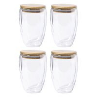 Thermische koffieglazen/theeglazen dubbelwandig - 4x - met bamboe deksel - 350 ml