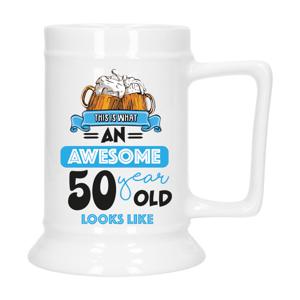 Cadeau Bierpul voor 50 jaar - blauw - grappige leeftijd bierpul - keramiek - 530 ml - Abraham