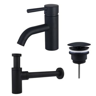 Fortifura Calvi Wastafelkraanset - lage wastafelkraan - always open plug - design sifon - Mat zwart SW377833/SW696205/SW696210