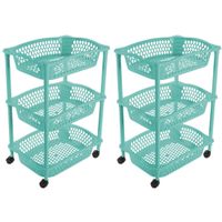 2x stuks keuken opberg trolleys/roltafels met 3 manden 62 cm turquoise blauw