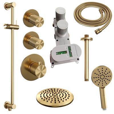 Regendoucheset Inbouw Brauer Gold Carving Thermostatisch 20 cm met Plafondarm, Glijstang en Handdouche 3-Standen Losse Stopkranen Geborsteld Goud