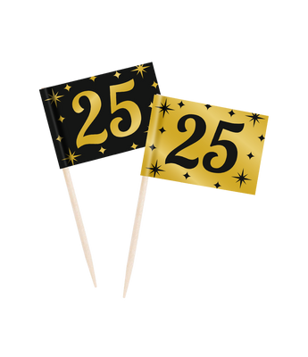 Classy Cocktail Prikkers 25 Jaar Zwart/Goud (50st)
