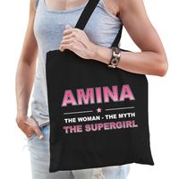 Naam cadeau tas Amina - the supergirl zwart voor dames