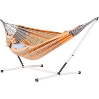 Tweepersoons hangmat met metalen standaard - 350x160cm - OranjeRoze - 160kg draagkracht- 100% katoen - binnen & buiten Tweepersoons hangmat met metalen standaard - 350x160cm - OranjeRoze - 160kg draagkracht- 100% katoen - binnen & buiten
