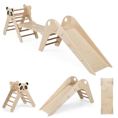 Klimdriehoeken Set Opvouwbare Montessori-Klimsetset van Hout met Pandamotief Binnenspeeltuin met Glijbaan Helling Klimladder en Cartoonblokken Klimspeelgoed voor Kinderen vanaf 3 Jaar-Naturel