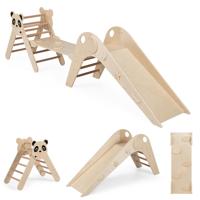 Klimdriehoeken Set Opvouwbare Montessori-Klimsetset van Hout met Pandamotief Binnenspeeltuin met Glijbaan Helling Klimladder en Cartoonblokken Klimspeelgoed voor Kinderen vanaf 3 Jaar-Naturel