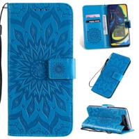 Gedrukt afdrukken zonnebloem patroon horizontale Flip PU lederen case voor Galaxy A80 met houder & kaartsleuven & portemonnee & Lanyard (blauw)