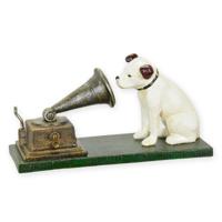 A CAST IRON NIPPER DOG LISTENING TO A GRAMOPHONE