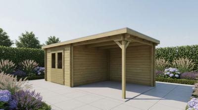 Classicline Blokhut Gelderland vuren groen geïmpregneerd 300x250 cm + overkapping 300 cm- Lessenaarsdak- - Van Kooten Classicline Blokhut Gelderland vuren groen geïmpregneerd 300x250 cm + overkapping 300 cm- Lessenaarsdak- - Van Kooten