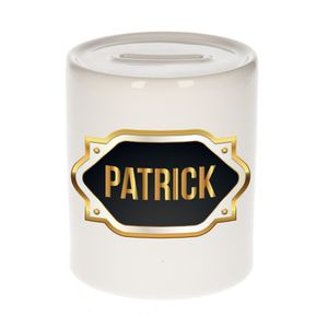 Naam cadeau spaarpot Patrick met gouden embleem