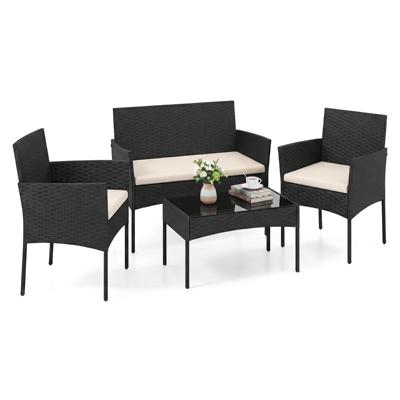 Tuinset 4-Delige Balkonmeubelset met Fauteuil Tuintafel en 2 Stoelen Rotan Tuinlounge met Zitkussens Terrasmeubels voor Buiten-Beige