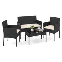 Tuinset 4-Delige Balkonmeubelset met Fauteuil Tuintafel en 2 Stoelen Rotan Tuinlounge met Zitkussens Terrasmeubels voor Buiten-Beige