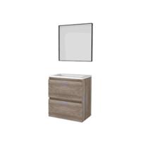 Basic-Line Framed 39 Badkamermeubelset - Ondiep - 60 x 39 cm - Greeploos - 2 Lades - Acryl Wastafel - 1 Kraangat - Spiegel met Zwart Aluminium Frame - Scotch Oak
