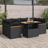 6-delige Loungeset met kussens poly rattan acacia zwart
